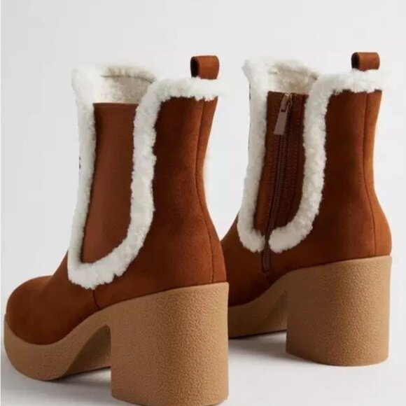 Brown Faux Suede Block Heel Ankle Boots With Faux Fur Trim & Side Zipper size 11 - Picture 3 of 7